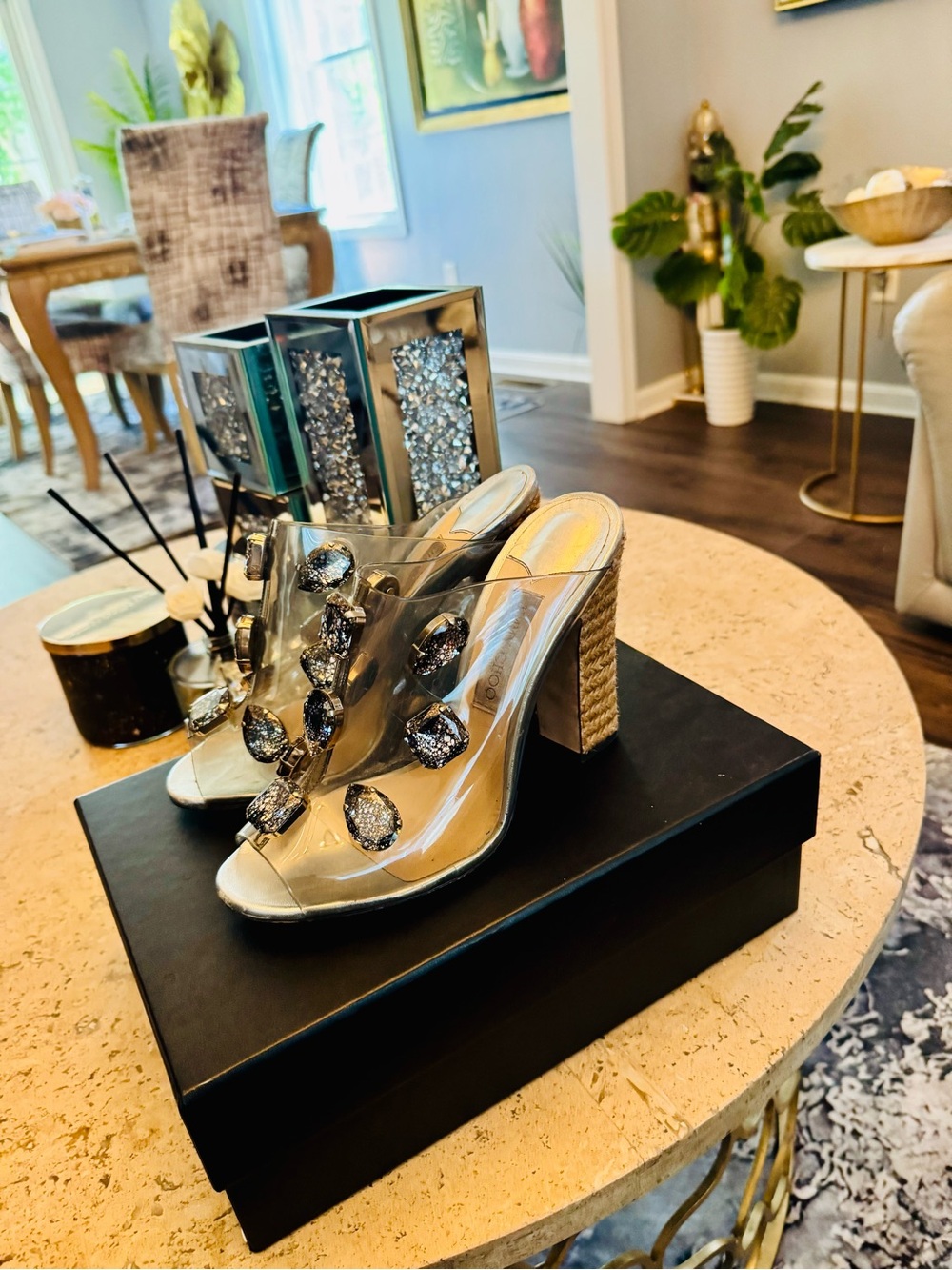Jimmy Choo Crystal Embellished PVC Mule Heels Sandals Silver - Picture 5 of 5